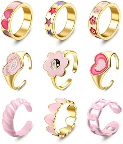 Subiceto 9 pcs Chunky Y2K Rings for Women Colorful Resin Acrylic Rings Funky Evil eyes Butterfly Heart Flower Yin Yang Rings,Aesthetic Statement Knuckle Rings Set for Women Pink