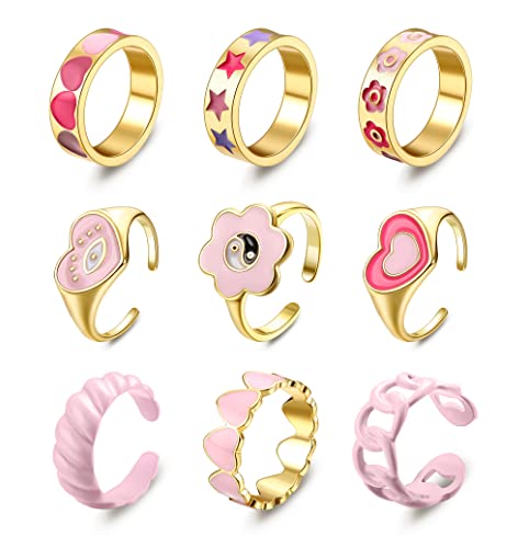 Subiceto 9 Pcs Chunky Y2K Rings For Women Colorful Resin Acrylic Rings Funky Evil Eyes Butterfly Heart Flower Yin Yang Rings,Aesthetic Statement Knuckle Rings Set For Women Pink #TOP15
