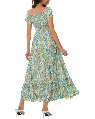 Image of Summer Smocked Boho Maxi Dress for Women 2026 Short Sleeve Floral Smocked Flowy Ruffled Beach Vacation Dresses Lightweight