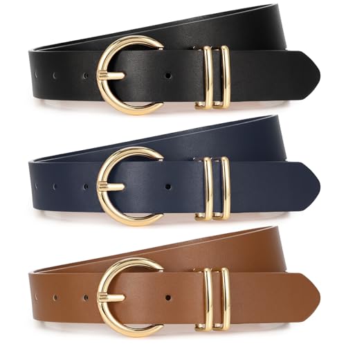 Image of XZQTIVE 3 Pack Women Belts For Jeans Dresses Pants Ladies Leather Waist Belt with Gold Buckle