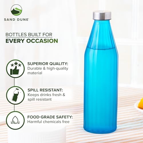 Image of SAND DUNE BlueColour Glass water bottle, 800 ml Each, Set of 1, with Leak-Proof Airtight Stainless-Steel Lid for Water, Smoothie, Juices - Reusable Travel Glass Drinking Fridge Bottles