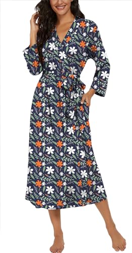 Image of VINTATRE Robes for Women Long Knit Bathrobe XS-4XL | 3 /4 Sleeve Bathrobes with Pockets, Stretchy and Lightweight Fabric, Inner Tie and Fixed Outer Matching Belt, Mid Calf Length