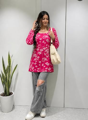 Image of SONISHA Women's Rayon Floral Print Short Kurti for Women Elegance Square Neck, Long Sleeves with Style Criss Cross Back Kurti, Top for Office Wear, Casual, Outdoor