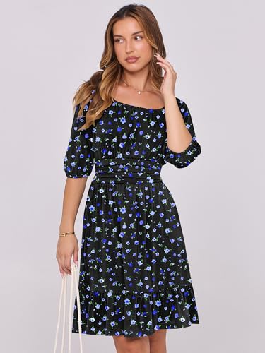 Image of ANRABESS Womens Lantern Short Sleeve Square Neck Casual Flowy Mini Dresses 2026 Holiday Summer Spring Beach Vacation Clothes