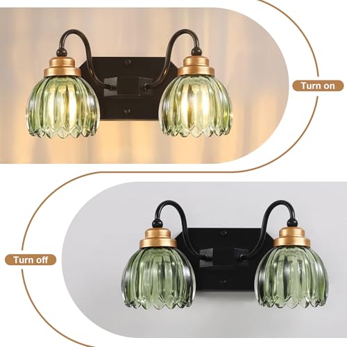 Image of Vintage Gold Bathroom Light Fixtures, 2 Light Green Tulip Crystal | Brushed Gold Vanity Lights, Matte Antique Brass Finish, Mid Century Style, Wall Sconces for Bedroom, Hallway, Easy to Install