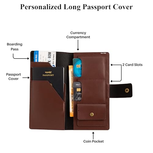 Image of AICA Personalized Name & Charm Long Leather Wallet Passport Cover with (Dark Brown) Passport Boarding Pass Currency Card Slot & Coin Holder for Men & Women | Corporate Office Gift Employee Colleagues