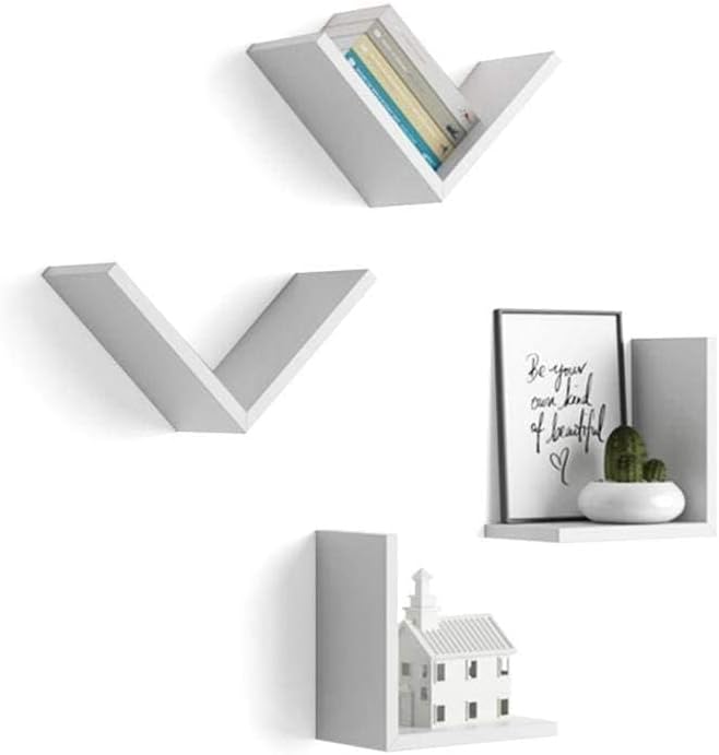 - Modern Wall Mounted Floating Shelves, V-Shaped Design, White, Set of 4 Decorative Display Units,Mounted Shelves Home decore/V Shelf/Hanging Rack/Floating Book Shelf