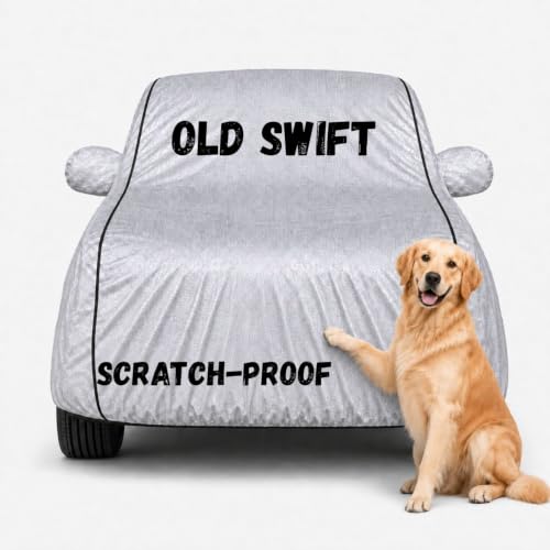 Image of 3 Layer Waterproof Car Body Cover for Old Swift All Weather Protection Comes with Inner Cotton Lining & Triple Stitched with Mirror & Antenna Pocket Belt & Elastic Fit (Silver)