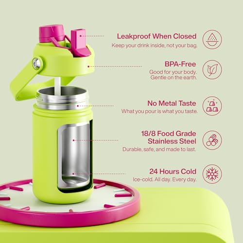 Image of Kids Insulated Water Bottle with Straw - 12oz Stainless Steel Water Bottle with Dual Spouts, Leak-Proof, BPA-Free, Double Wall Vacuum Keeps Cold for 24 Hours for Sports, Travel, School (Acid Green)
