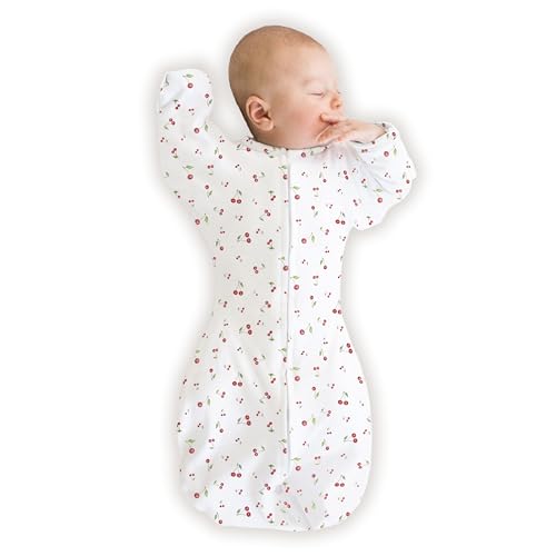 Image of SwaddleDesigns Organic Transitional Swaddle Sack, Arms Up Swaddle with Half-Length Sleeves & Mitten Cuffs, Small, 0-3 months, 6-14 lbs, Watercolor Little Cherries