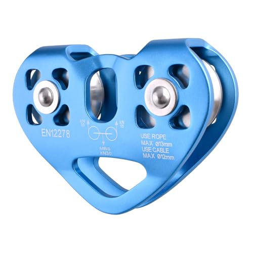 TRIWONDER Polea Escalada 30kN Polea Doble Aluminio de Rescate para Cuerda de Roca Trabajo en Altura (Azul)