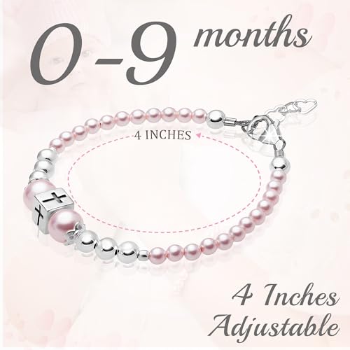 Image of Baby Crystals Pink Pearl Personalized Charm Bracelet for Girls, Sterling Silver Initial Charm Cross Charm Bracelet, Baptism Gifts for Girl, First Communion Christening, Keepsake Girls Jewelry