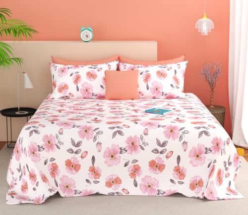 Image of SANMARINO 210TC Cotton King Size Bedsheet with 2 Pillow Covers | Premium Floral Print Design Flatsheet |Ultra Soft Breathable Skin Friendly Bedding Set for All Season Use 90 x 100 Inch,Blush Pink