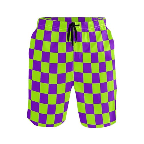 Green and Purple Buffalo Checkered Mens Swim Trunks Quick Dry Beach Shorts with Pocket S2