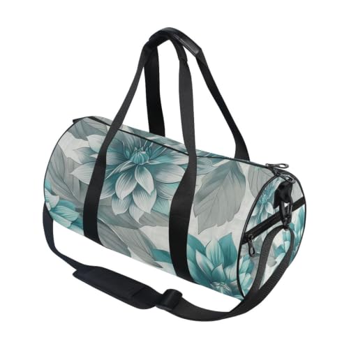 Bolsa de deporte redonda con hojas florales grises, ideal para tus viajes y entrenamientos