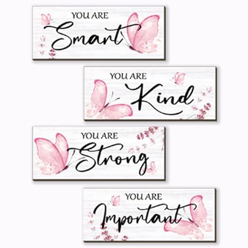 Image of DONFENTHY 4 Pcs Butterfly Wall Decor Pink Room Decor Wooden Positive Butterfly Decor with Inspirational Word Sign for Teen Girls Women Room Bathroom Bedroom Office(Pink,10x4 Inch)