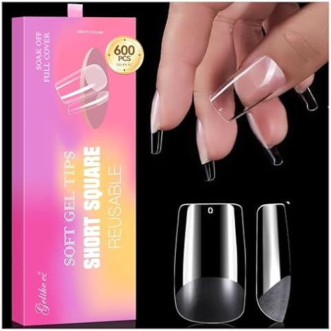 Gelike ec Short Square Gel X Nail Tips 600pcs Pre-shape Acrylic Nail for Full Cover Extension DIY at Home Salon 12 Sizes Gelly Cover