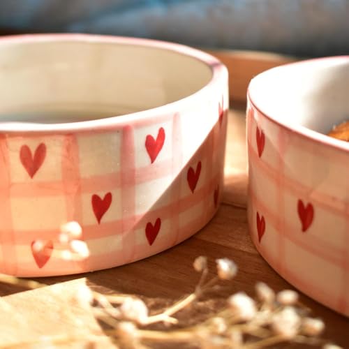 Image of Cute Heart Pattern Ceramic Bowl - Handmade, Checked Design | Breakfast, Soup, Snack Bowl | Dishwasher Safe
