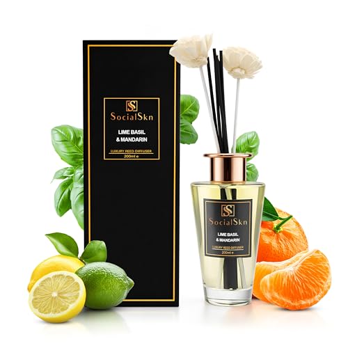 Lime Basil & Mandarin | Reed Diffuser 200ml | 33% Premium Fragrance Oil | Luxury Inspired by Jo Malone | Long Lasting Home Fragrance | 8 Reeds & 2 Decorative Flowers | Giftable Aroma Diffuser