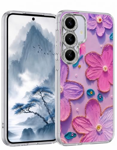 Image of VONZEE Compatible with Samsung Galaxy S25 5G Case, Laser Flower Oil Painting Design Cute Bumper Cover, Camera Protection, Shockproof PC+TPU Glossy Shiny Protective Phone Case for Women & Girls, Purple