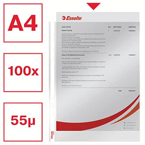 Esselte Standard Prospekthüllen-Set, 100 Stück, A4 Format, Farblos mit glänzender Oberfläche, Obere Öffnung, 0,055 mm PP-Folie, 56066