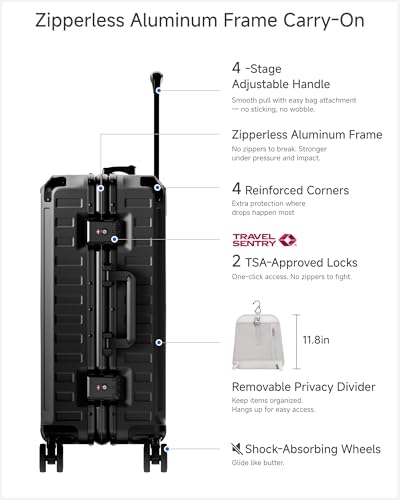 Image of LUGGEX Carry On Luggage with Spinner Wheels, 8010S Aluminum Frame Zipperless Polycarbonate Hard Shell Suitcase (ZX-Core, Black, 21 Inch)