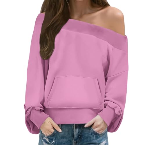 Sudaderas con hombros descubiertos para mujer, casuales, holgadas, con hombros caídos, manga larga, suéteres de gran tamaño, ropa de calle Y2K con bolsillo, rosa, L