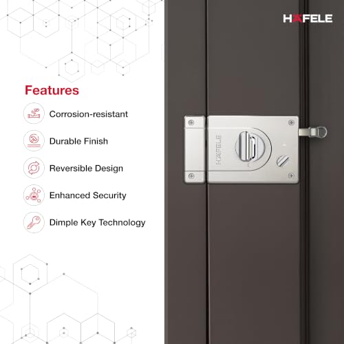 Image of Hafele Night Latch Rim Lock | Dimple Key Security | Double Throw Deadbolt | Durable Finish | Silver | Reversible Design | 10 Years Warranty