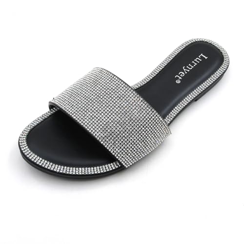 Women's Glitter Shiny Slide Sandals Fashion Round Toe Slip on Bling Slippers Size 6-10