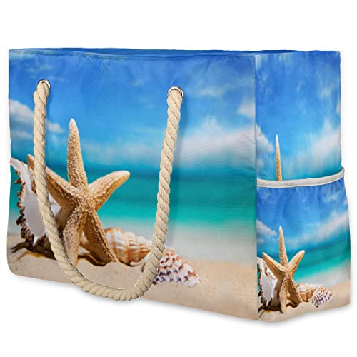 cfpolar Bolsa de praia feminina de praia com estrela do mar com conchas do mar, bolsa de praia à pro