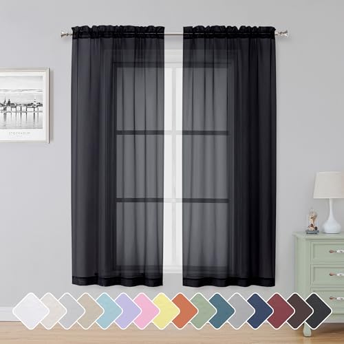 Image of Simplebrand Black Sheer Curtains 63 Inch Length 2 Panels, Rod Pocket Solid Color Window Sheer Curtain Panels, Elegant Curtains & Drapes for Living Room, Bedroom 2 Panels (Black, 42 inch W x 63 inch L)
