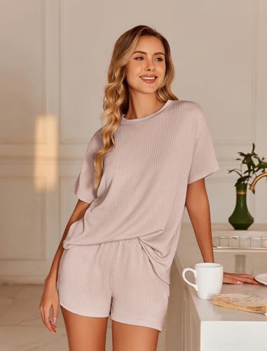 Image of Ekouaer 2 Piece Sets for Women Matching Lounge Sets Summer Outfits | Casual Loungewear, Ribbed Loose Set, Short Sleeve Shirt and Shorts, Crewneck, With Pockets