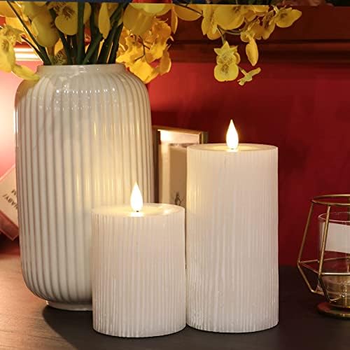 White Wax Battery Operated Flameless Ribbed Column Candles with Remote Control, 4/8hrs Timer, Warm White Light, Set of 3, Remote & Battery Included