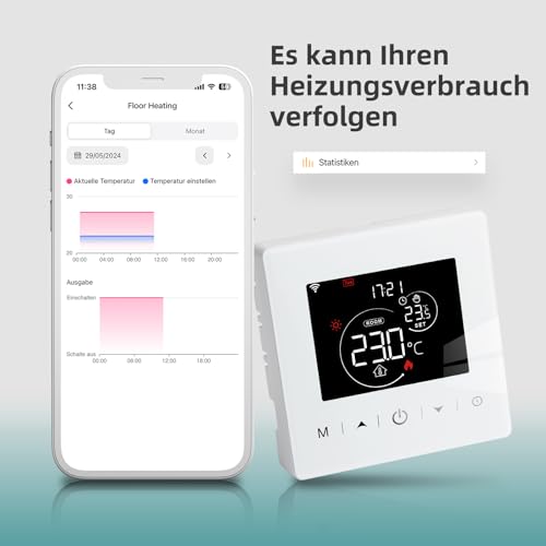 Beok WiFi Thermostat Für Gaskessel, Tuya Smart Raumthermostat Thermostate Heizung Digital LCD-Anzeige Kompatibel mit Alexa Google Assistant, Batteriebetrieben, Aufputz BOT-R9V-WIFI Weiß