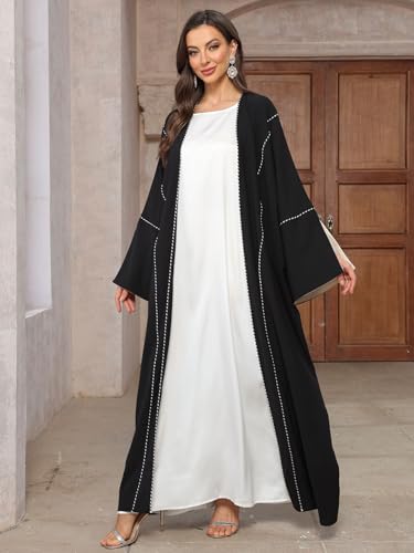 MedeShe Women's Loose Black Floral Beading Draped Open Kimono Abaya Cardigan Jalabiya4