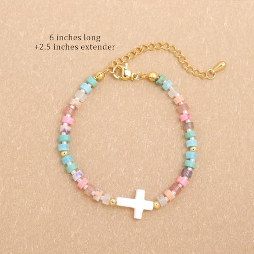Cross Gemstone Beaded Strand Bracelet for Women,Trendy Cute Handmade Adjustable Natural Stone Bead Bracelets Fashion Christian Jewelry Gift.3