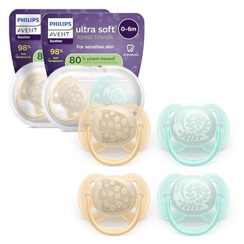 Philips Avent Ultra Soft Ciuccio - Design ortodontico, per neonati 0-6 mesi, scudo flessibile, tettarella simmetrica in morbido silicone, senza BPA, confezione da 4, SCF091/49