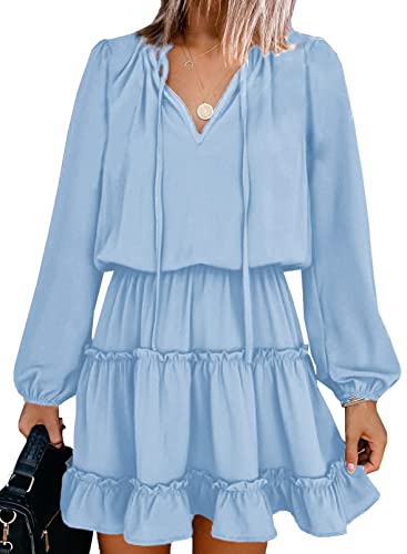 Dokotoo Womens Elegant Cute Spring Short Spring Casual Sexy Deep V Neck Ruffle Chiffon Lantern Long Sleeve Elegant Empire Waist Flowy Mini Skirt Dresses for Women Party 2022 Blue Medium