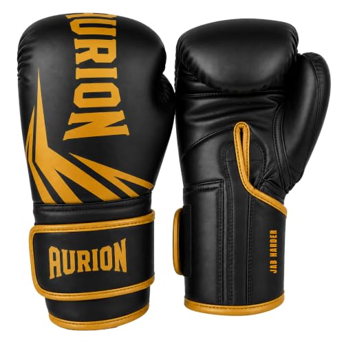 Image of Aurion Boxing Gloves 16oz for Men | Premium PU Leather | 4-Layer Impact Protection | Breathable Mesh Palm | Wrist Support | Kickboxing, MMA, Sparring, Heavy Bag Training | (Black Gold)