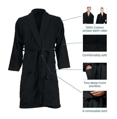 100% Cotton Bathrobe - Lightweight Towel Robe for Women & Men - Black 6