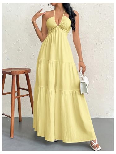 Image of SHENHE Women's Deep V Neck Tie Knot Backless Halter Dress A Line Flowy Ruffle Maxi Dress