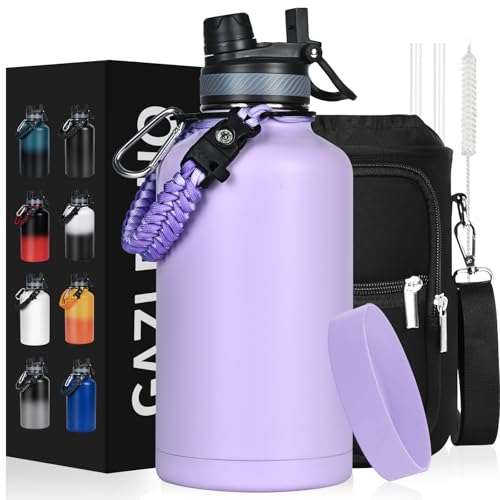 Image of GAZLEMHO Insulated Water Bottle 64 oz, Half Gallon Water Jug Cold 48H, BPA Free Stainless Steel Bottles with Straw /Chug 2-in-1 Lid, Bag, Paracord Handle, Silicone Boot, Sports Gym School Metal Flask