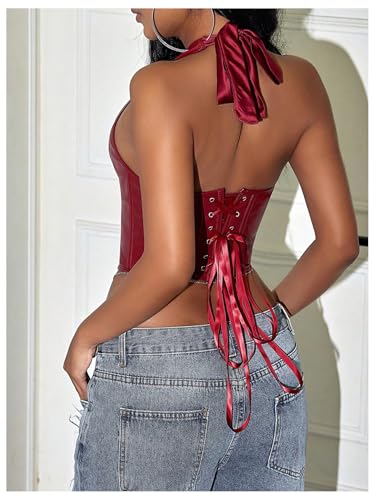 WDIRARA Women's Punk PU Leather Halter Top Grommet Eyelet Tie Front Corset Crop Top2
