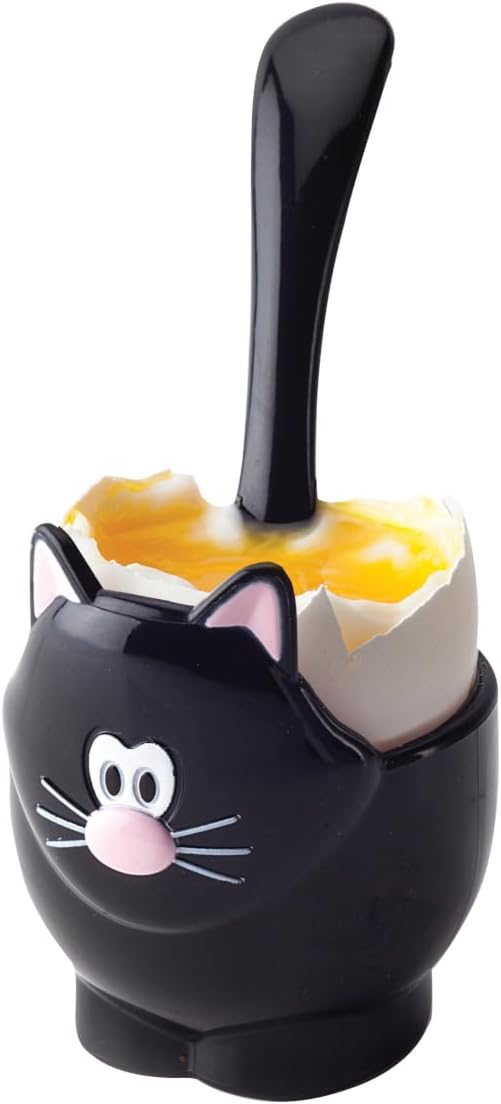 Joie Kitchen Gadgets Cat Egg Cup and Spoon, Assorted (Black or White), 5x5x11 cm