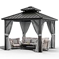 GarveeLife 10x10 ft Double Roof Hardtop Gazebo, Heavy Duty Galvanised Steel Hardtop Pavilion with Nettings and Curtains, Aluminum Gazebo for Patio, Terrace, Lawn and Deck, Grey