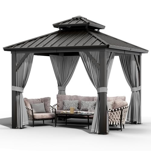 10x10ft Double Roof Hardtop Gazebo, Heavy Duty Galvanised Steel Hardtop Pavilion with Nettings and Curtains, Aluminum Gazebo for Patio, Terrace, Lawn and Deck, Grey