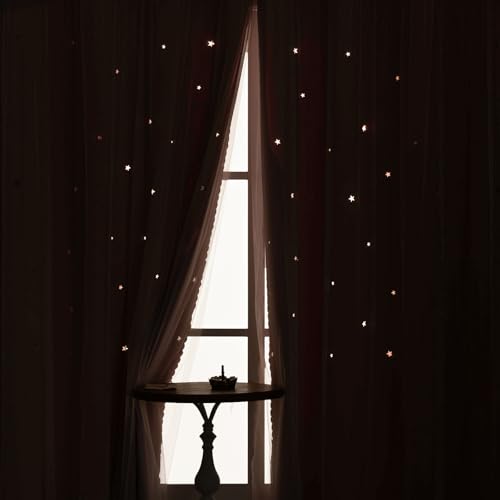 Image of Light Pink Curtains for Girls Room Blackout 63 Inches Long Cute Star Cutout | Nursery Double Layer Curtains & Drapes Tulle Lace 2 Panel Thermal Insulate Bedroom Darkening Window Treatments Cortinas Blush