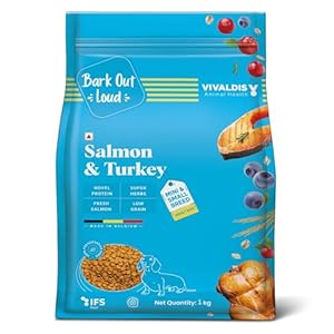 Bark Out Loud by Vivaldis – Salmon & Turkey, Mini & Small Breeds, Adult Dog Dry Food Low Grain, Hypoallergenic, Rich in Novel Protein and Prebiotics, Fresh Salmon, Super Herbs Kibbles (1kg Pack)