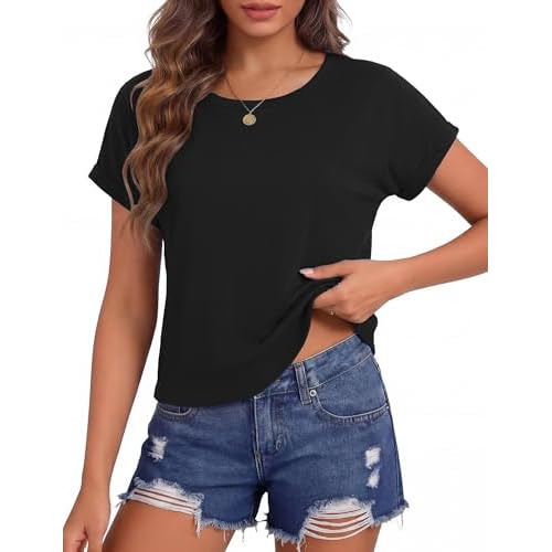 Totatuit Crop Tops for Women Roll Short Sleeve Crewneck Shirts Cropped Tshirts Summer Loose Fit Boxy Basic Tee