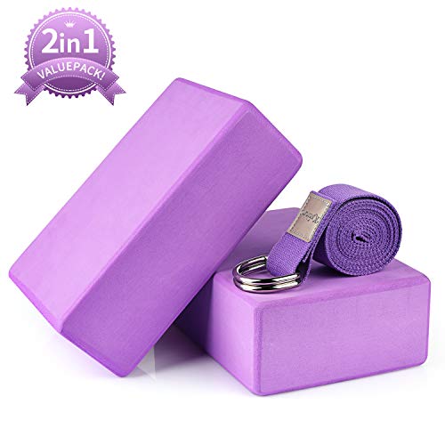 Kshineni Yoga Block 2 Pack Yoga Strap Set EVA Foam Soft Non-Slip Yoga Brick High Density to Support Exercise Blocks for Yoga,Pilates,Stretching,Meditation Purple